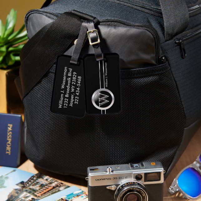 Masculine Monogram Executive Black Style Luggage Tag (Front & Back)