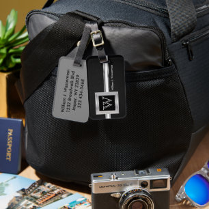 Masculine Monogram Executive Style - Black Leather Luggage Tag