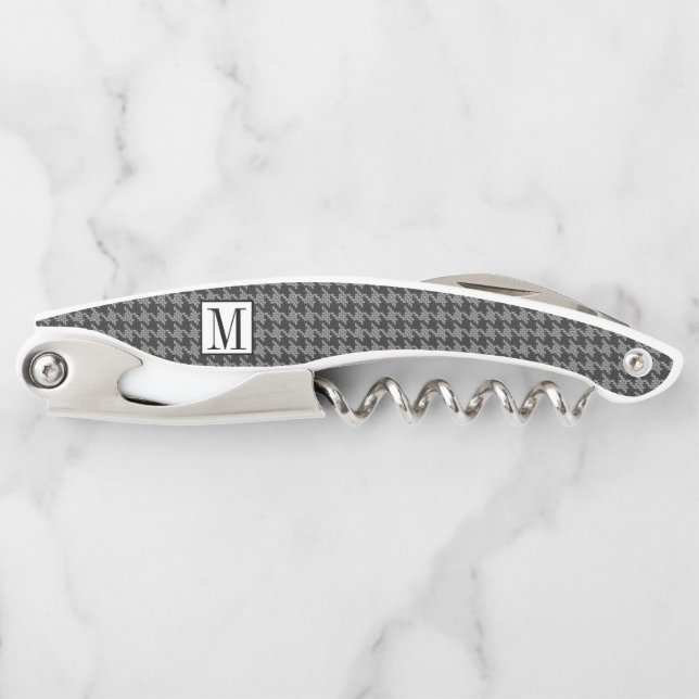 Masculine Monogram Houndstooth Black Grey Pattern Corkscrew (Front)