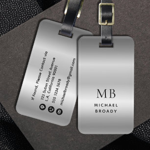 Masculine Monogram Silver Gray Brushed Faux Metal Luggage Tag