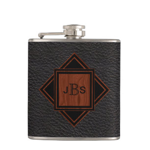 Masculine Monogrammed Leather Wood Grain Look Hip Flask