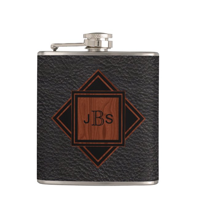 Masculine Monogrammed | Leather Wood Grain Look Hip Flask (Front)