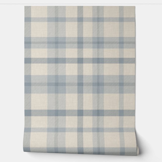 Masculine Muted Blue Plaid w/ Linen Texture Wallpaper (Unrolling)
