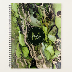 Masculine Named Abstract Black Green Gold Planner