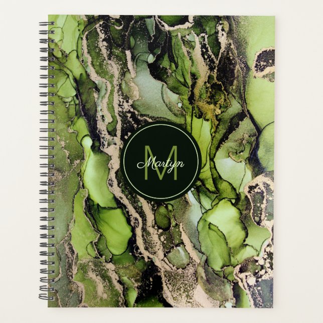 Masculine Named Abstract Black Green Gold Planner (Front)