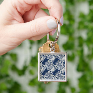 Masculine Navy Blue Effect Indigo Floral all Over Key Ring