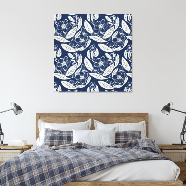 Masculine Navy Blue Effect Indigo Floral Print (Insitu(Bedroom))