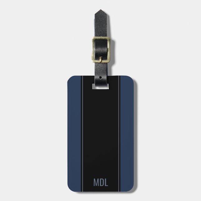 Masculine Navy Blue on Black Monogrammed Luggage Tag (Front Vertical)