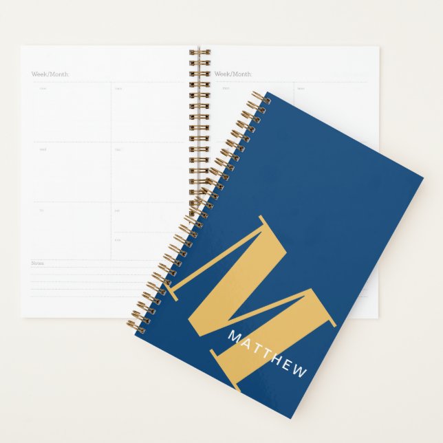 Masculine Personalised Initial and Name, Navy/Gold Planner (Display)