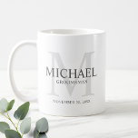 Masculine Personalised Monogram and Name Groomsmen Coffee Mug<br><div class="desc">Add a personal touch to your wedding with personalised groomsmen mug.
This mug features personalised groomsman's name with title in grey and monogram in light grey as background,  in classic serif font style.

Also perfect for best man,  father of the bride,  ring bearer and more.</div>