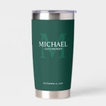 Masculine Personalised Monogram and Name Groomsmen Insulated Tumbler<br><div class="desc">Add a personal touch to your wedding with personalised groomsmen gift. This design features personalised groomsman's name with title in white and monogram in light emerald green as background, in classic serif font style on emerald green background. Also perfect for best man, father of the bride, ring bearer and more....</div>