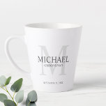 Masculine Personalised Monogram and Name Groomsmen Latte Mug<br><div class="desc">Add a personal touch to your wedding with personalised groomsmen mug.
This mug features personalised groomsman's name with title in grey and monogram in light grey as background,  in classic serif font style.

Also perfect for best man,  father of the bride,  ring bearer and more.</div>