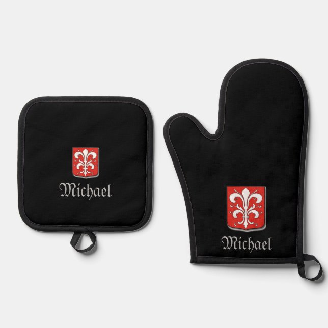 Masculine Red and Black Medieval Knight Shield Oven Mitt & Pot Holder Set (Front)
