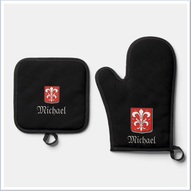 Masculine Red and Black Medieval Knight Shield Oven Mitt & Pot Holder Set (Creator Uploaded)