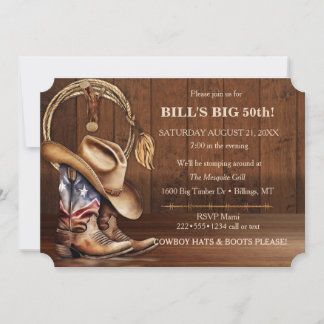 Masculine Rustic Cowboy Hat Boots Wood  Western Invitation