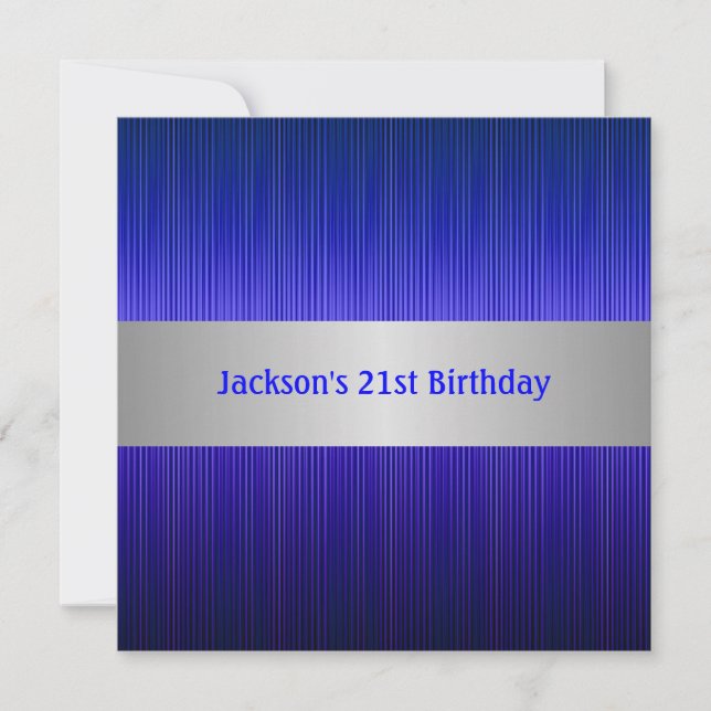 Masculine Silver Blue Stripe 21st Birthday Invitation (Front)