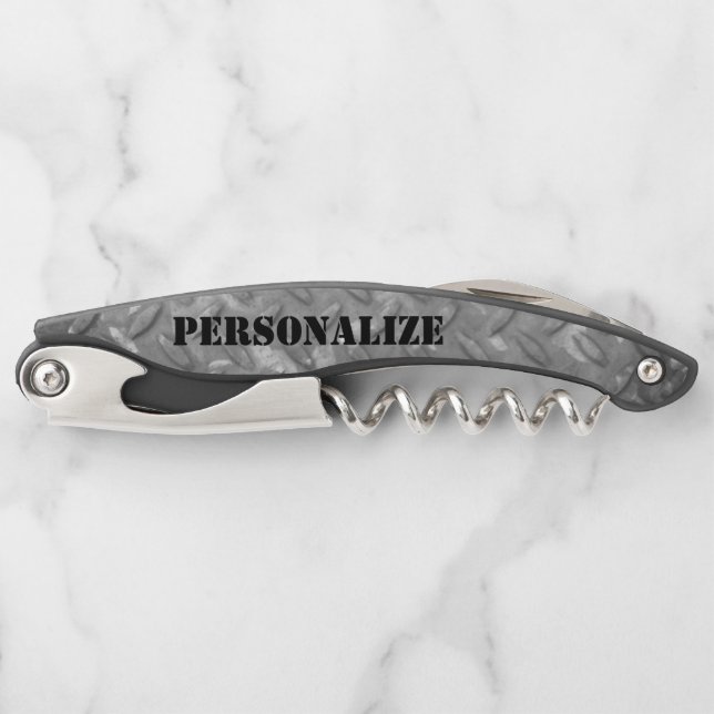 Masculine steel metal plate corkscrew opener gift (Front)