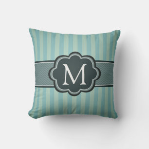 Masculine Teal Blue Stripes Custom Monogram Cushion