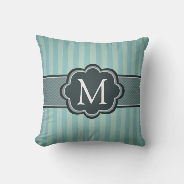 Masculine Teal Blue Stripes Custom Monogram Cushion (Front)
