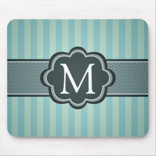 Masculine Teal Blue Stripes Custom Monogram Mouse Mat