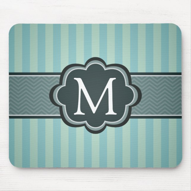 Masculine Teal Blue Stripes Custom Monogram Mouse Mat (Front)