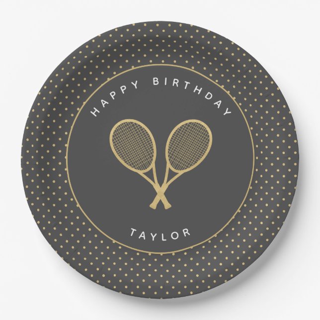 Masculine Tennis Star Sports Themed Grey and Gold Paper Plate (Front)