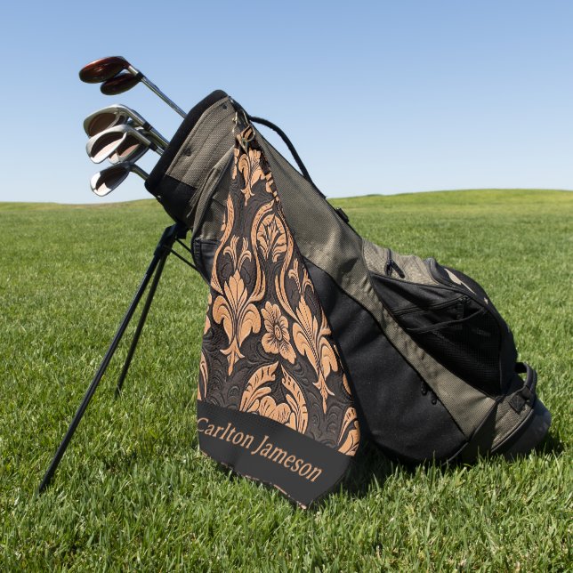 Masculine Tooled Leather Western Style Custom Golf Towel (Green)