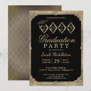 Masculine Vintage Black and Gold Graduation Invitation