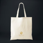 Masculine White and Gold Personalised Bridesmaid Tote Bag<br><div class="desc">Add a personal touch to your wedding with personalised bridesmaid tote bag. This tote bag features white monogram in gold circle element with name and title in gold professional font style on white background. Also perfect for maid of honour, flower girl and more. Please Note : The foil details are...</div>