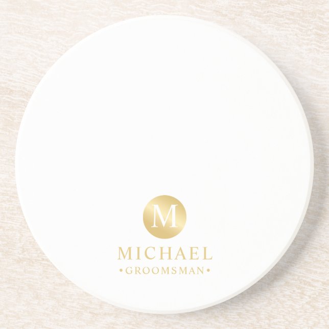 Masculine White and Gold Personalised Groomsmen Coaster (Front)