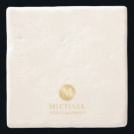 Masculine White and Gold Personalised Groomsmen Stone Coaster<br><div class="desc">Add a personal touch to your wedding with personalised groomsmen stone coaster. This coaster features monogram in gold circle element with name and title in gold professional font style. Also perfect for best man, father of the bride, ring bearer and more. Please Note : The foil details are simulated in...</div>