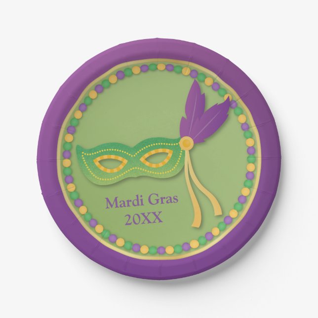 Mask and Beads Mardi Gras Party Supplies Paper Plate (Front)