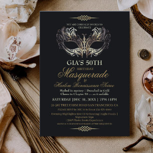 Mask Black Gold 50th Masquerade Birthday Invitation