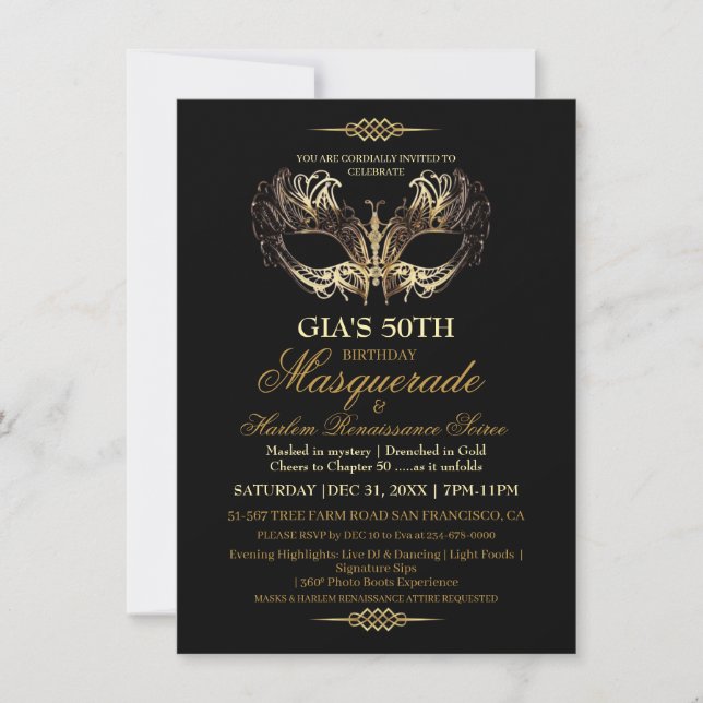 Mask Black Gold 50th Masquerade Birthday  Invitation (Front)