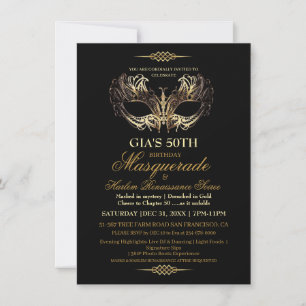 Mask Black Gold 50th Masquerade Birthday  Invitation
