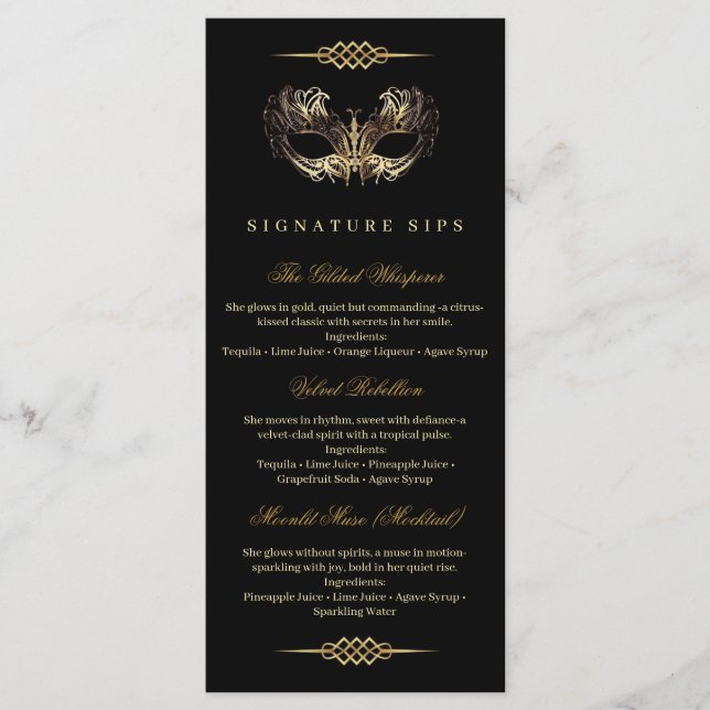 Mask Black Gold 50th Masquerade Birthday  Menu (Front)