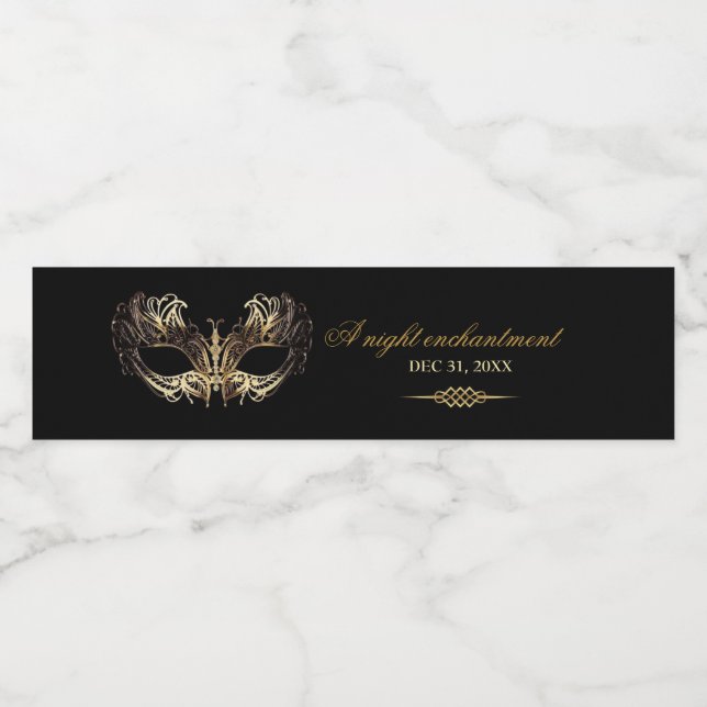 Mask Black Gold 50th Masquerade Birthday  Water Bottle Label (Single Label)