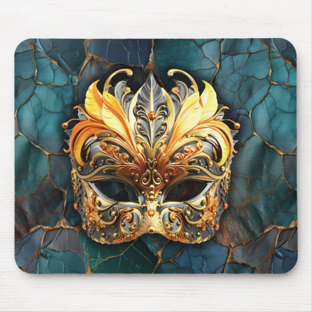 Mask, Feathers and Teal Textured Background Mouse Mat (Front)