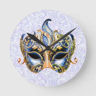 Mask Featuring Ornate Golden and Blue Patterns Round Clock