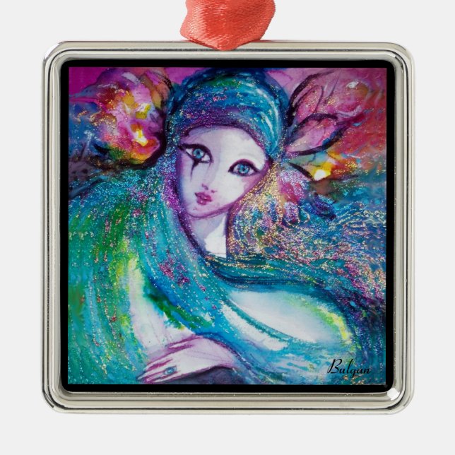 MASK IN BLUE METAL TREE DECORATION (Front)