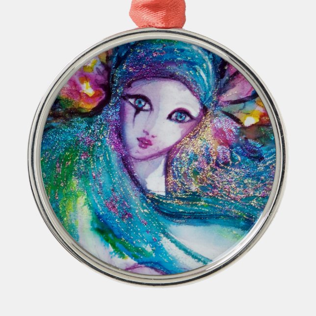 MASK IN BLUE METAL TREE DECORATION (Front)