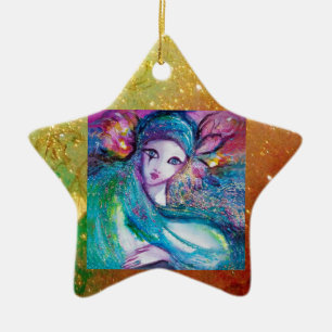 MASK IN BLUE, Yellow Star Monogram Ceramic Tree Decoration