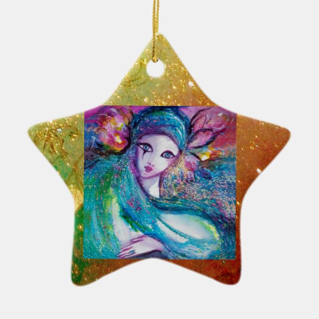 MASK IN BLUE, Yellow Star Monogram Ceramic Tree Decoration (Front)