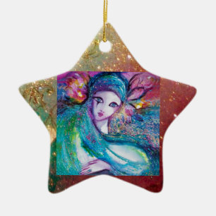 MASK IN BLUE, Yellow Star Monogram Ceramic Tree Decoration