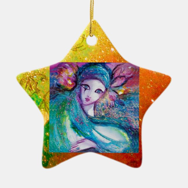 MASK IN BLUE, Yellow Star Monogram Ceramic Tree Decoration (Front)