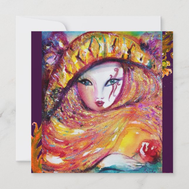 MASK IN YELLOW, MARDI GRAS PARTY black purple red Invitation (Front)