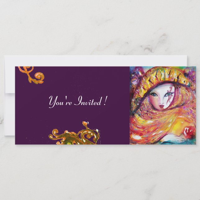 MASK IN YELLOW, MARDI GRAS PARTY black purple red Invitation (Front)