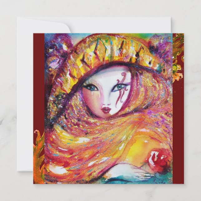 MASK IN YELLOW, MARDI GRAS PARTY purple red violet Invitation (Front)