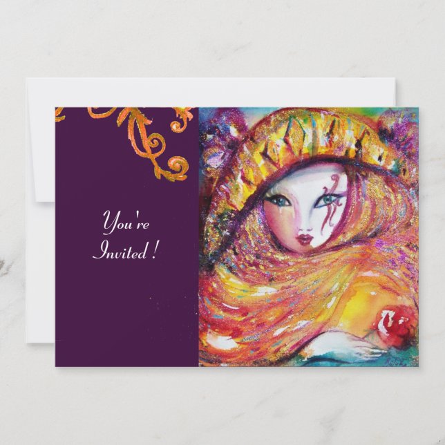MASK IN YELLOW,MARDI GRAS PARTY  purple red violet Invitation (Front)