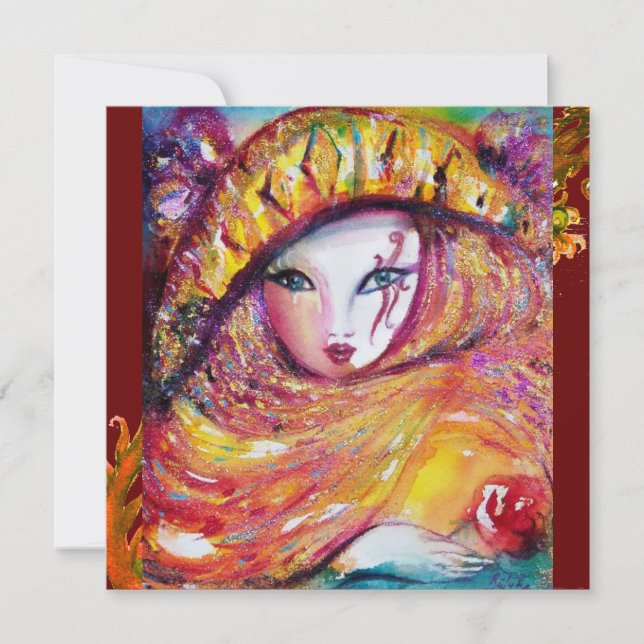 MASK IN YELLOW MARDI GRAS PARTY Vibrant Gold Red Invitation (Front)